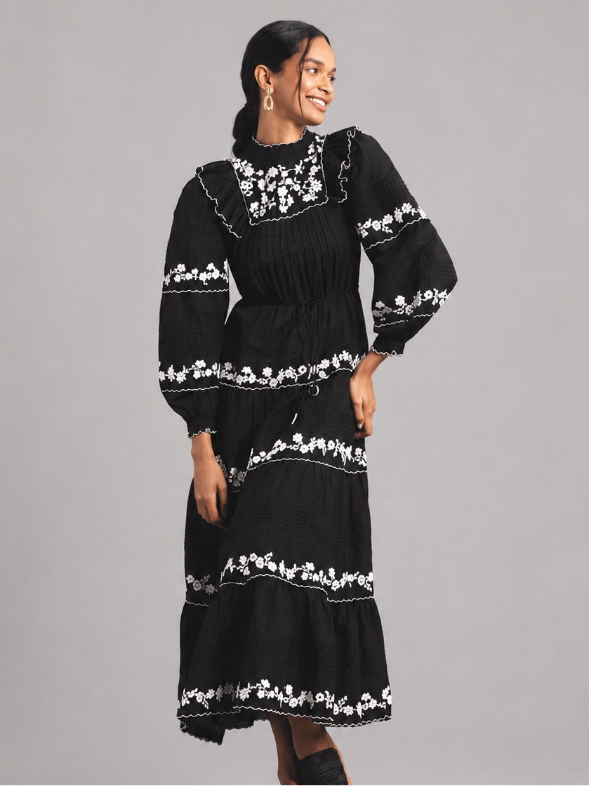 Farm Rio Black And White Winter Garden Embroidered Long Sleeve Maxi Dress